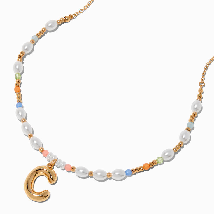 Gold-tone Bubble Initial Pastel Beaded Pendant Necklace - C,