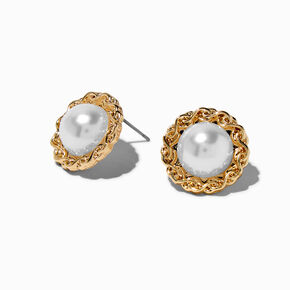 Gold-tone Wreath Pearl Stud Earrings ,