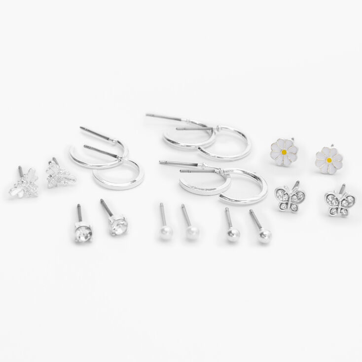 Silver Daisy, Bee, &amp; Butterfly Mixed Earrings - 9 Pack,