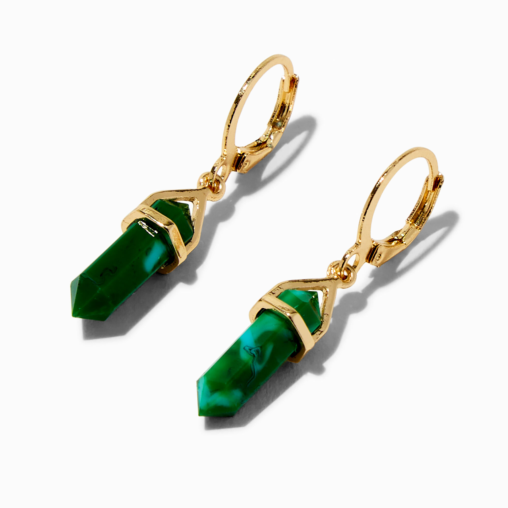 View Claires Faux Malachite Mystical Gem 10MM Huggie Hoop Drop Earrings Gold information