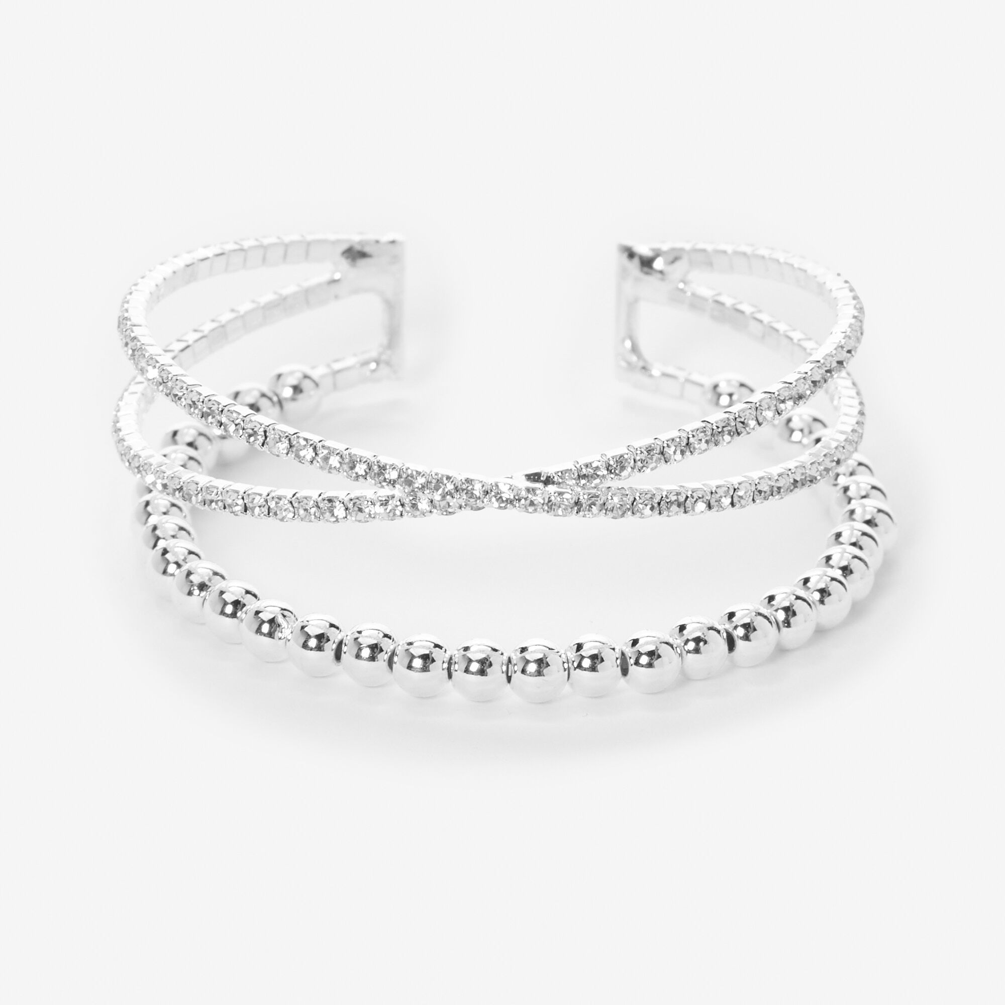 Silver Rhinestone Criss Cross & Bead Cuff Bracelet,