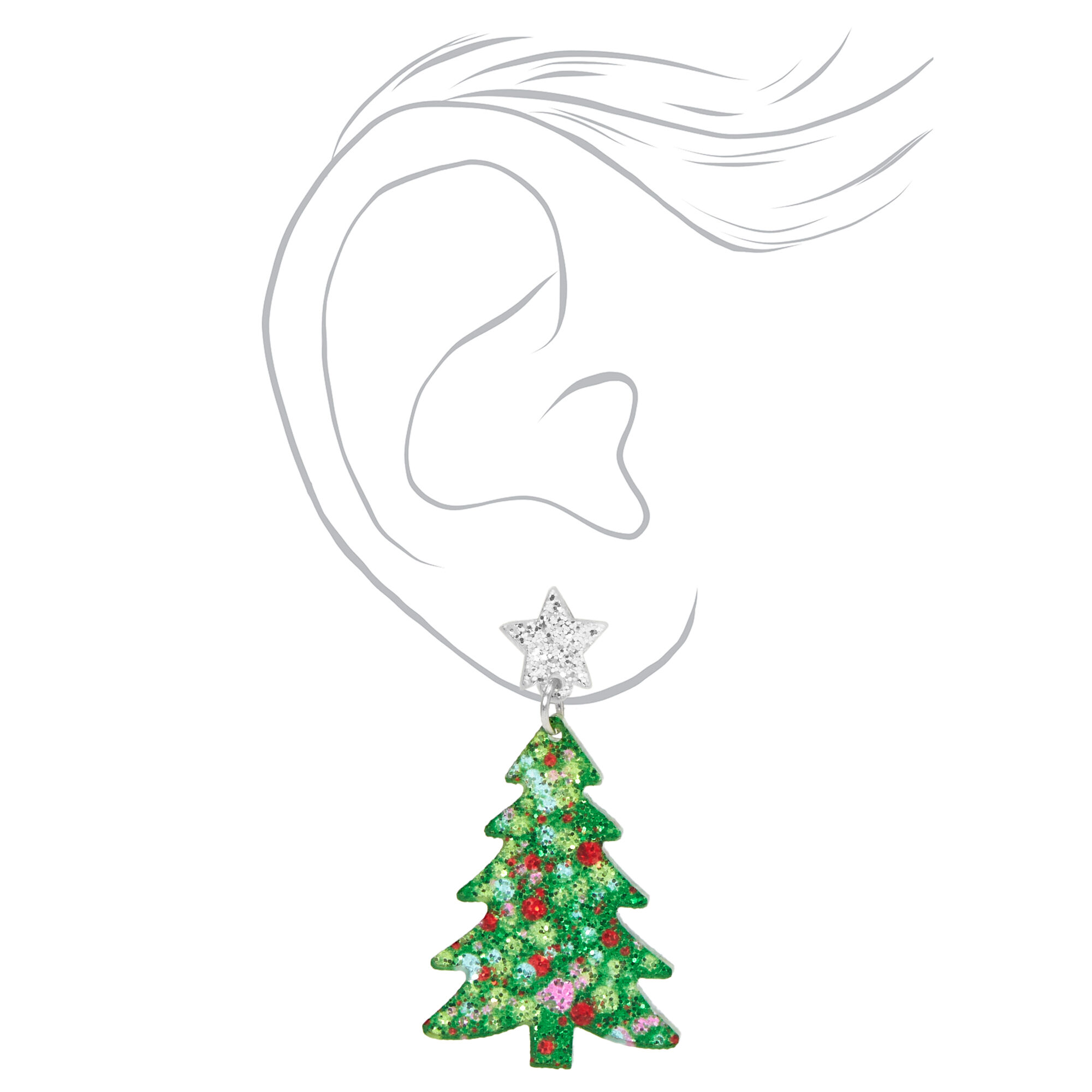 Christmas Silver 1'' Glitter Tree Drop Earrings,