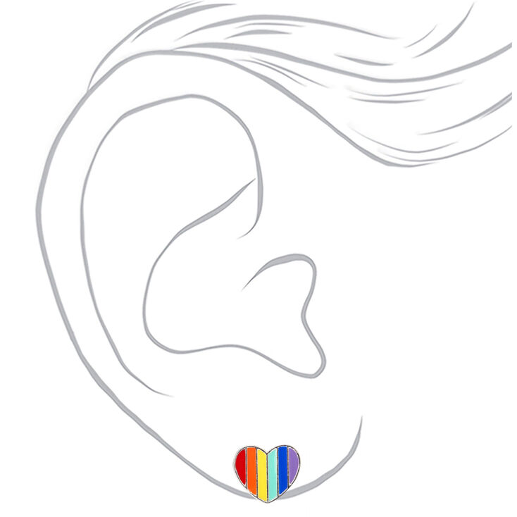 Silver Rainbow Striped Heart Stud Earrings,
