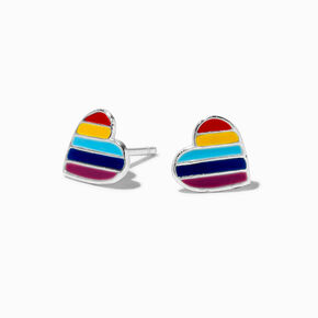 Rainbow Heart Sterling Silver Post Stud Earrings ,
