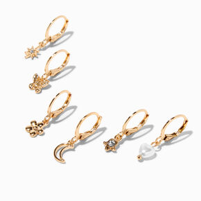 Gold Embellished Mixed One Huggie Hoop Earrings - 6 Pack,