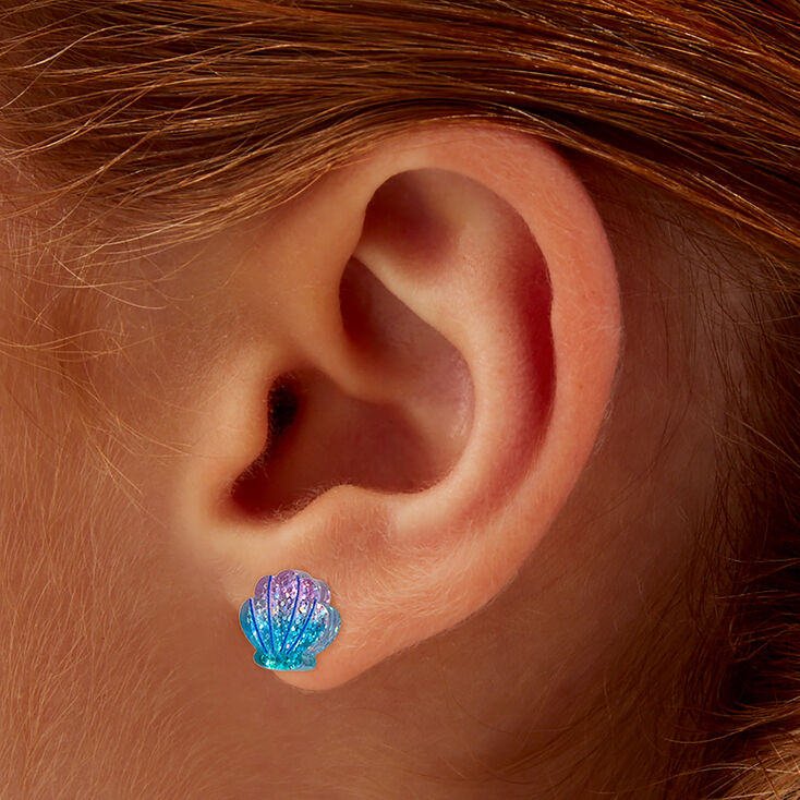 Purple Glitter Seashell Stud Earrings,
