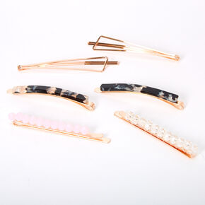 Rose Gold Beaded Tortoiseshell Hair Pins - Pink, 6 Pack,