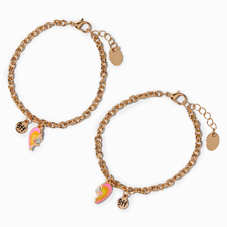 Best Friends Gold Magnetic Split Striped Heart Charm Bracelets - 2 Pack,
