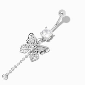 Silver-tone Stainless Steel Filigree Butterfly 14G Belly Bar,