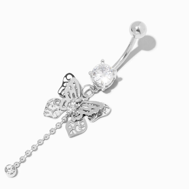 Silver-tone Stainless Steel Filigree Butterfly 14G Belly Bar,