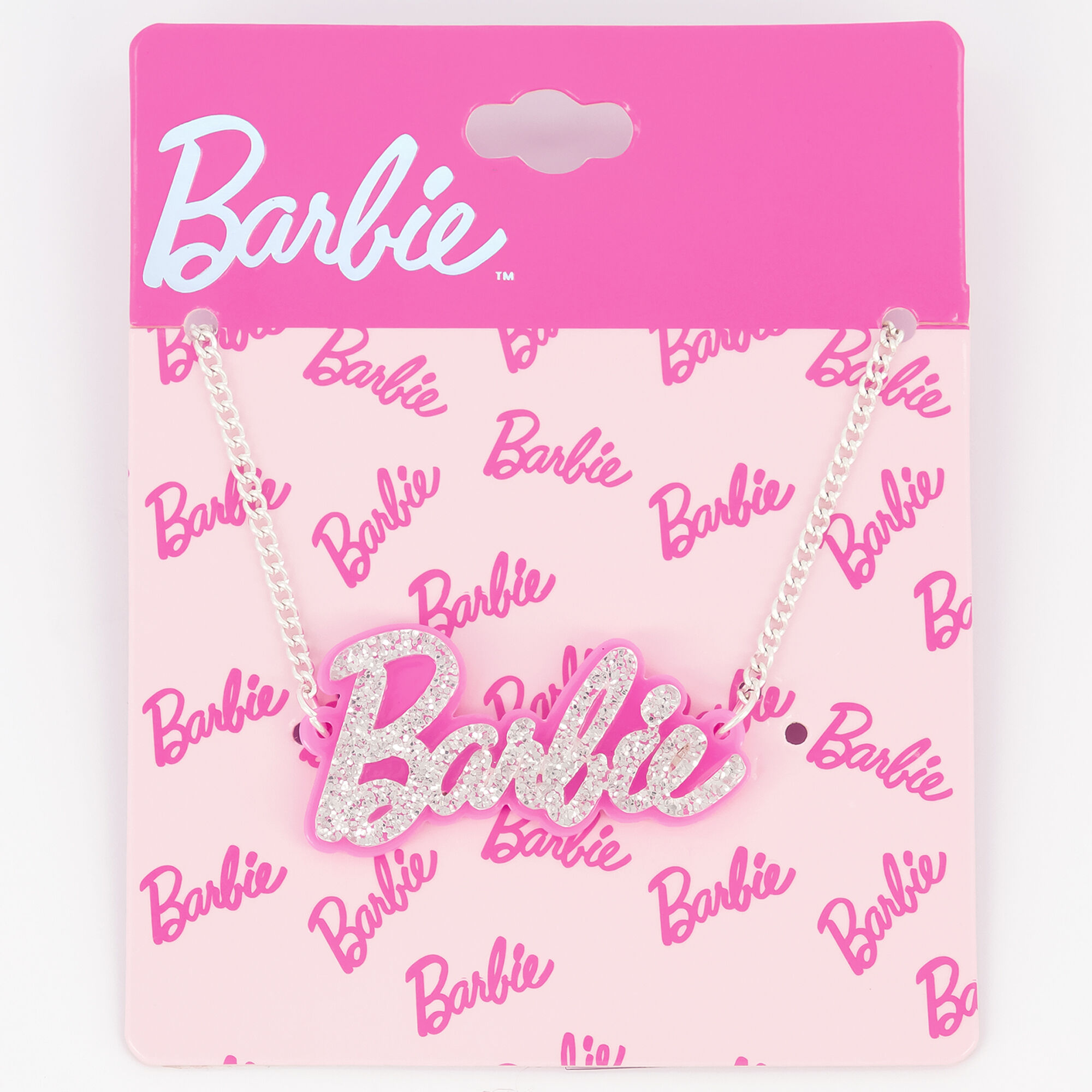 View Claires Barbie Logo Pendant Necklace Pink information