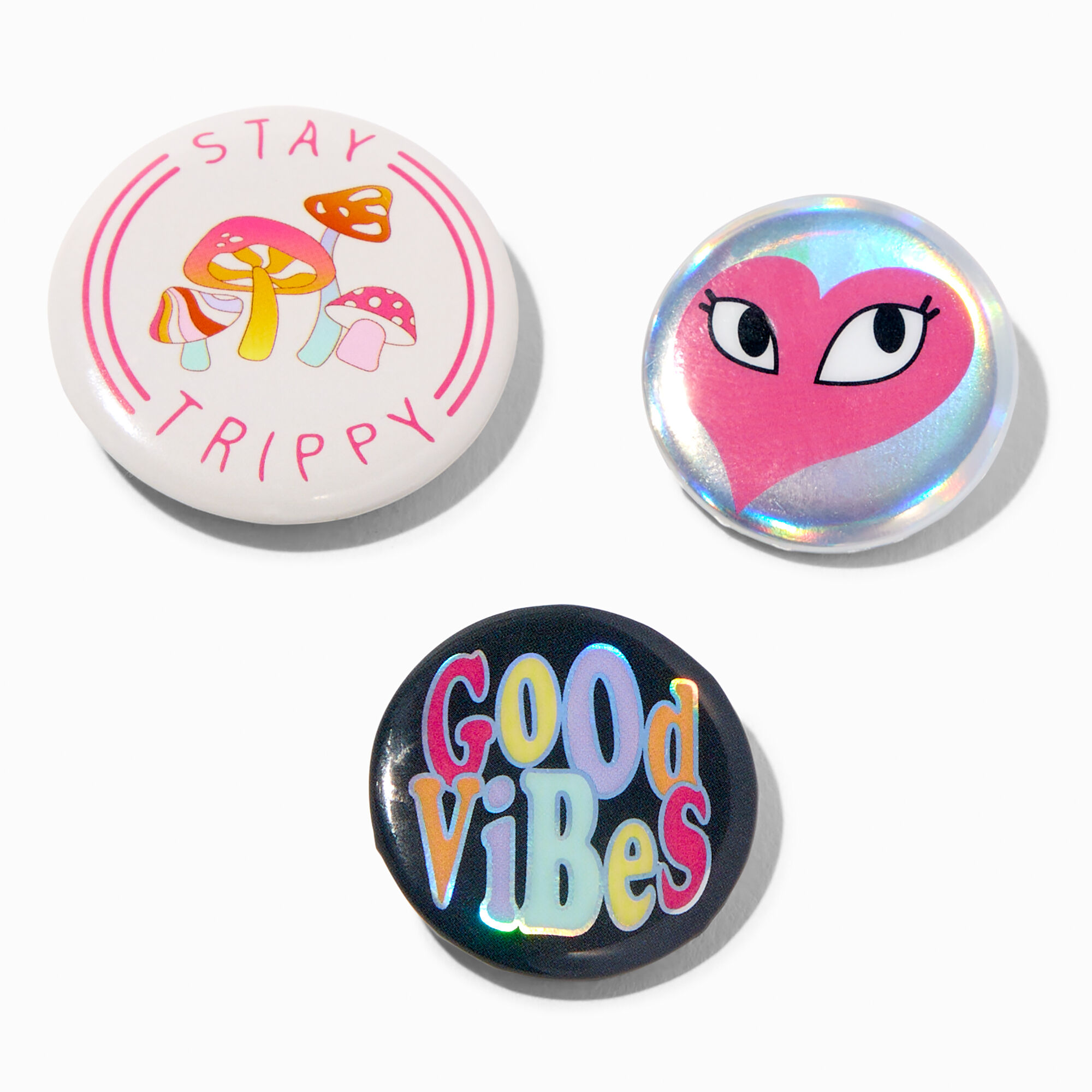 View Claires Groovy Good Vibes Pinback Button Set 3 Pack Pink information