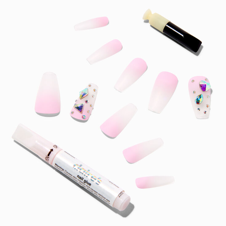 Pink &amp; Clear Ombre Gem Squareletto Vegan Faux Nail Set - 24 Pack,