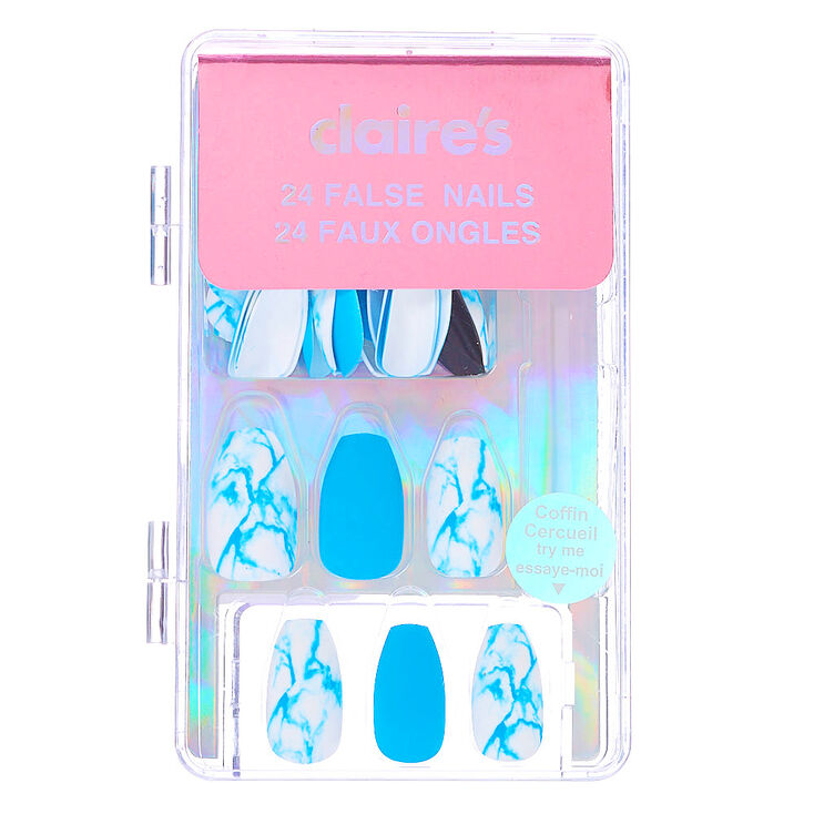 Mixed Neon Matte &amp; Marble Coffin Faux Nail Set - Blue, 24 Pack,