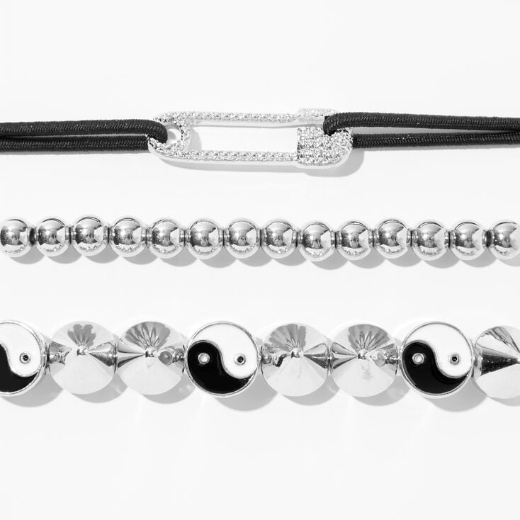 Silver-tone Spike Yin Yang Beaded Stretch Bracelets &#40;3 Pack&#41;,