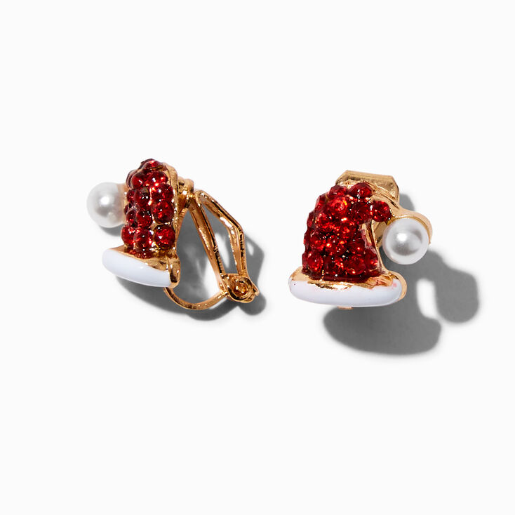Gold-tone Crystal Santa Hat Clip-On Stud Earrings ,