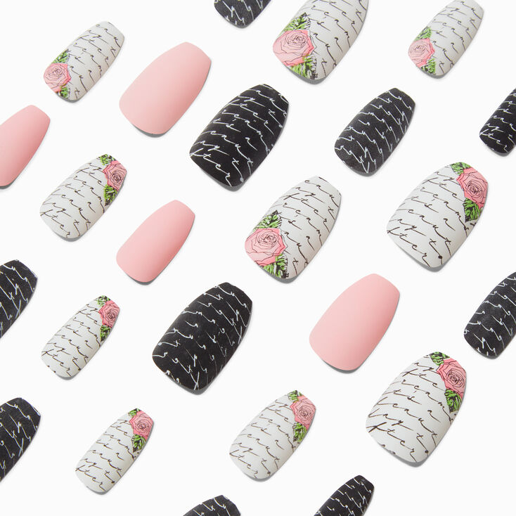 Faux ongles vegan ballerine lettres et rose rose - Lot de 24,