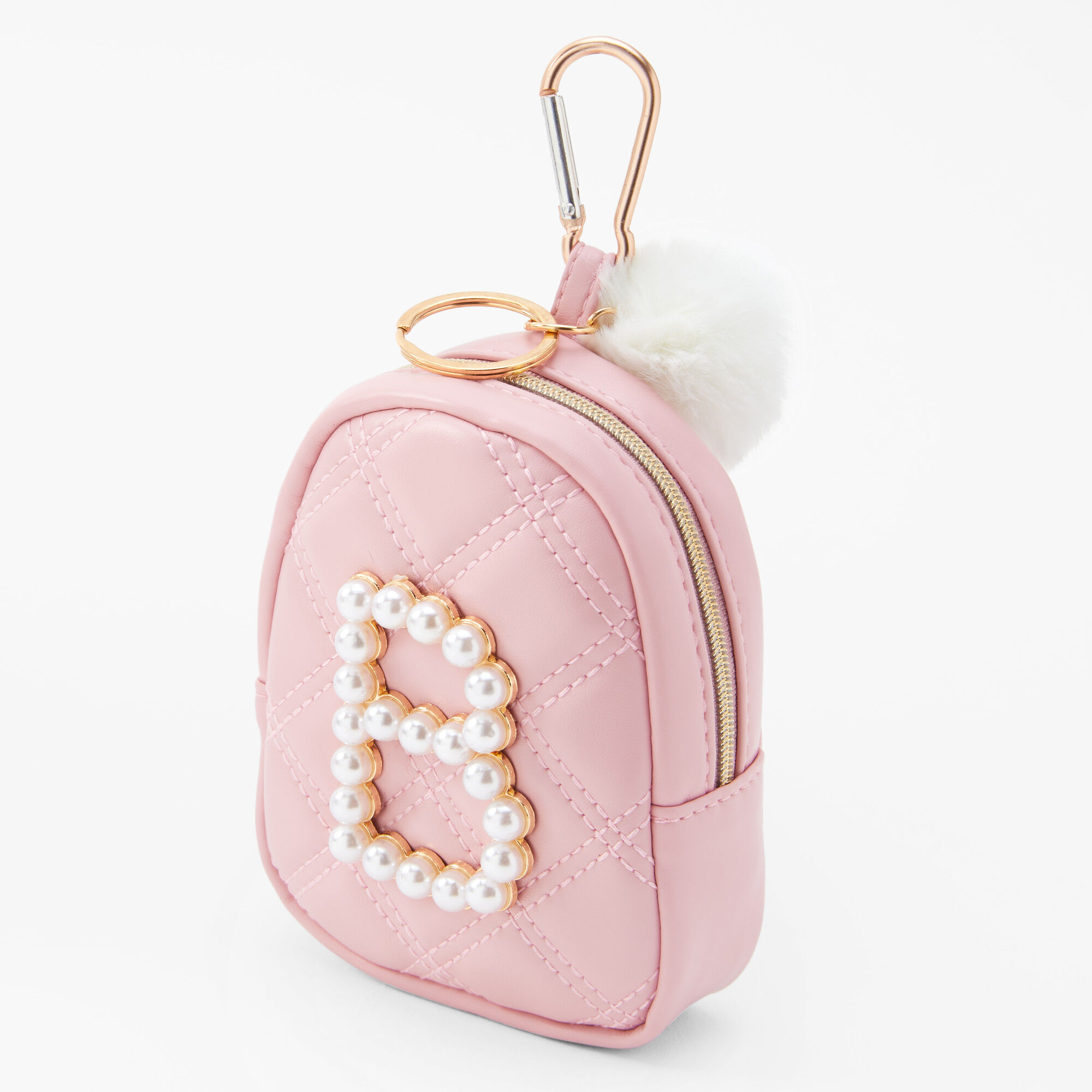 Claire's Porte-clés mini sac à dos perles d’imitation à initiale - Rose tendre, B