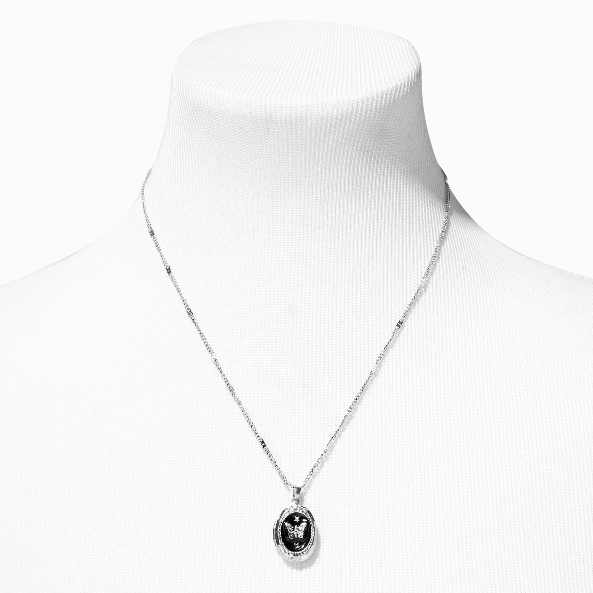Burnished Silver Butterfly Black Locket Pendant Necklace,