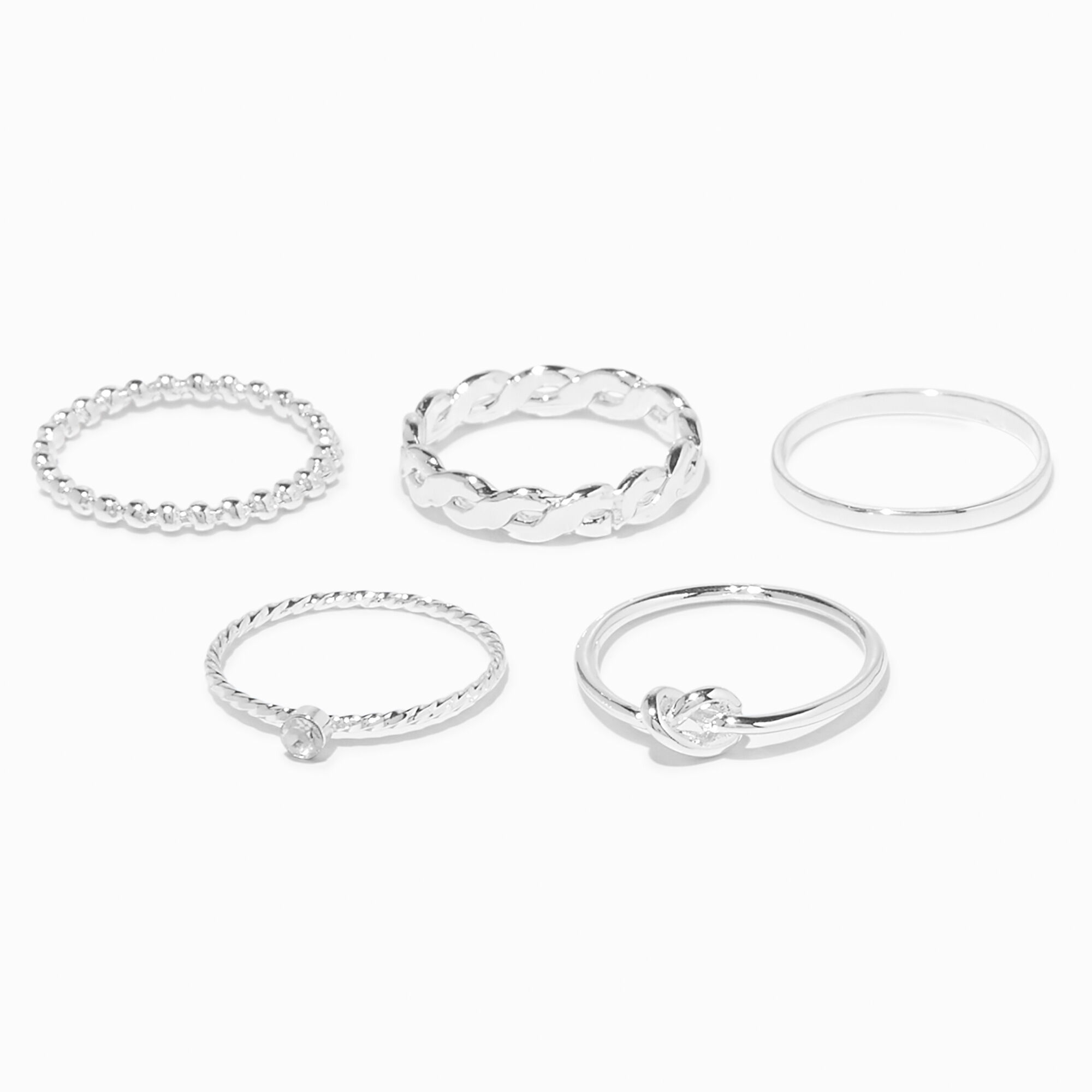View Claires Woven Knot Rings 5 Pack Silver information