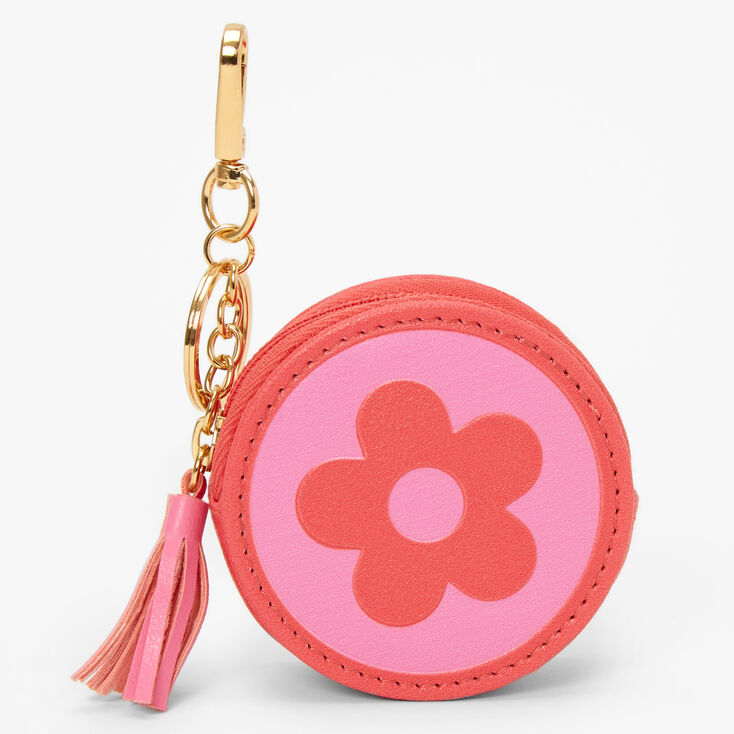 Pink Flower Round Coin Purse Keychain