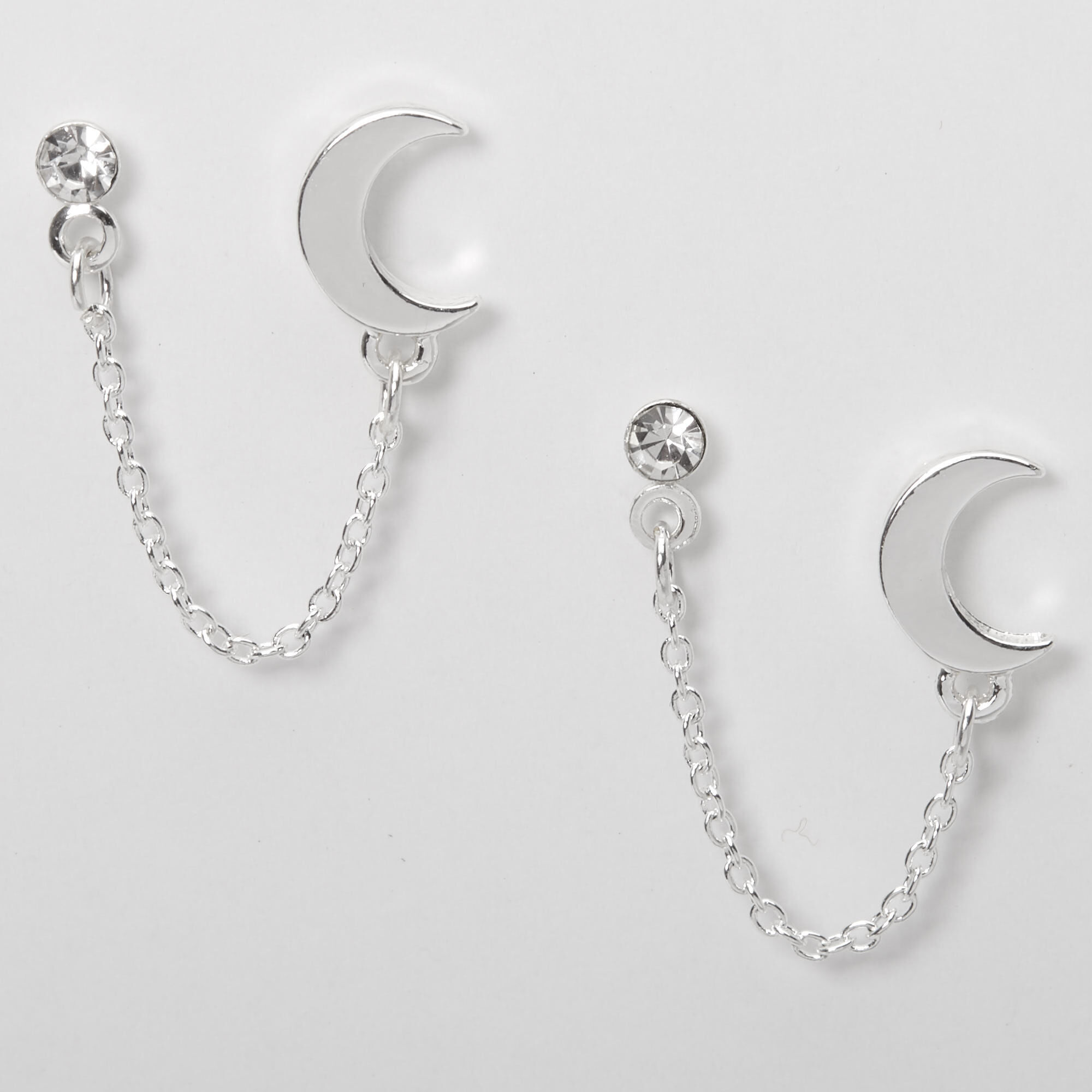 View Claires Tone Embellished Moon Connector Chain Stud Earrings Silver information