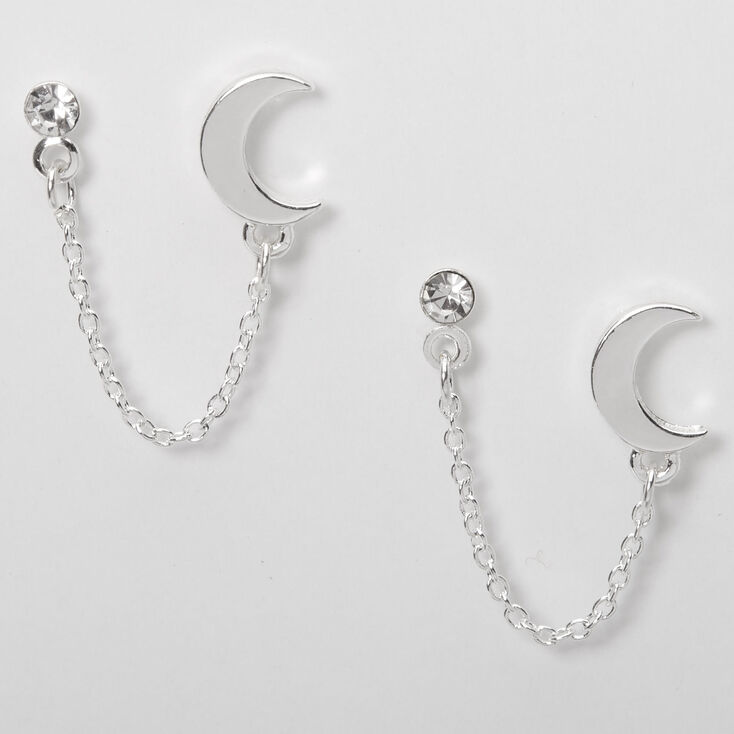 Silver-tone Embellished Moon Connector Chain Stud Earrings,
