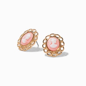Gold-tone Pink Cameo Stud Earrings,