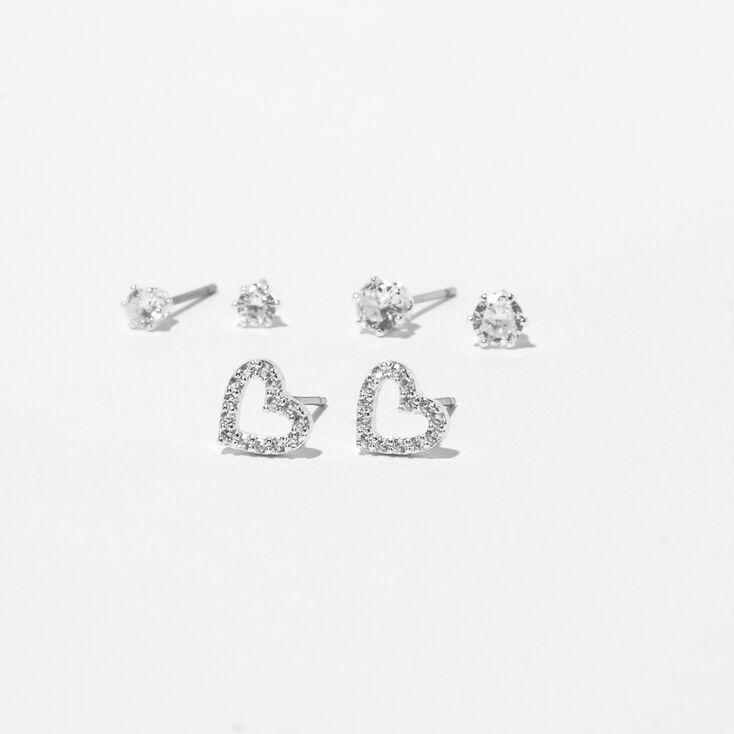 Silver-tone Cubic Zirconia Heart &amp; Stud Earrings - 3 Pack,