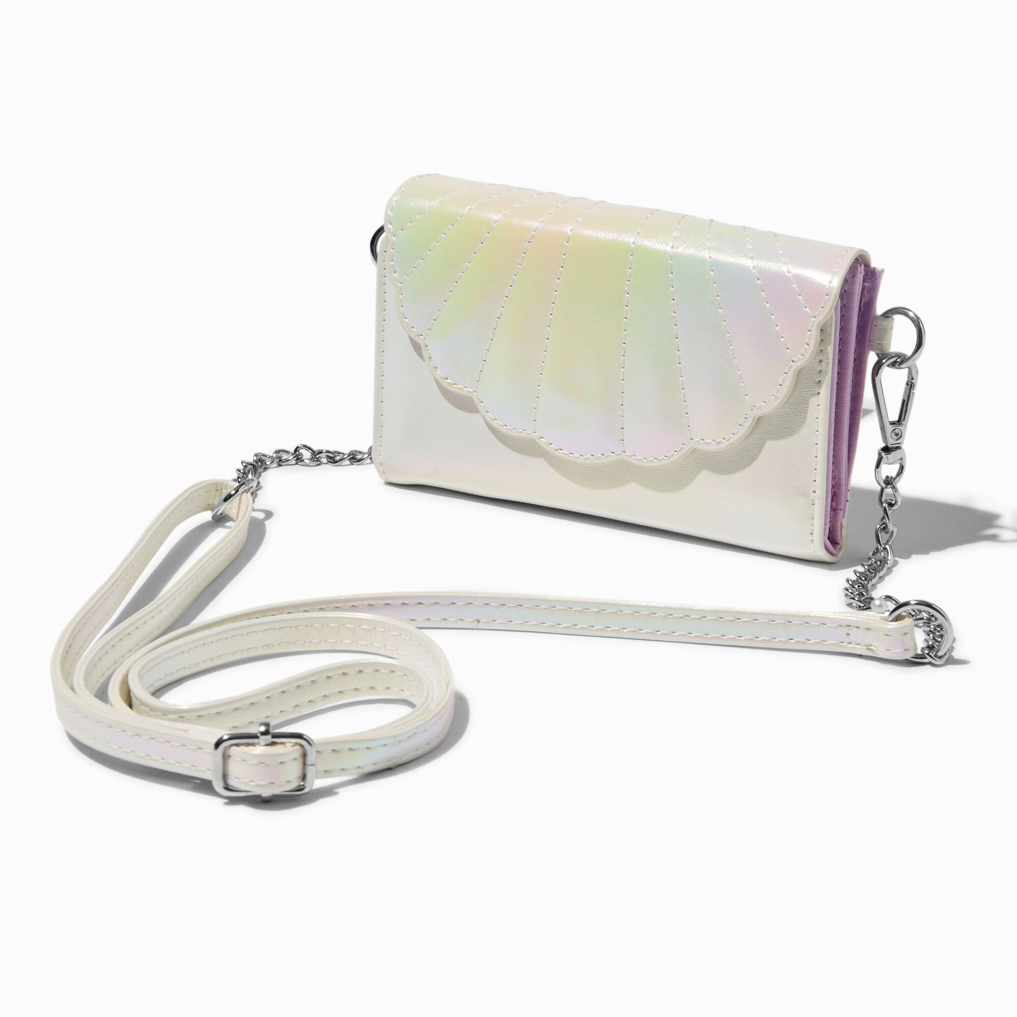 View Claires Iridescent Seashell Crossbody Wristlet information