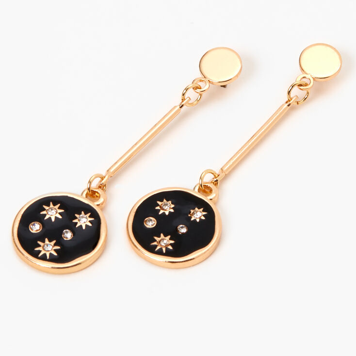 Gold 2&quot; Celestial Constellation Bar Drop Earrings - Black,