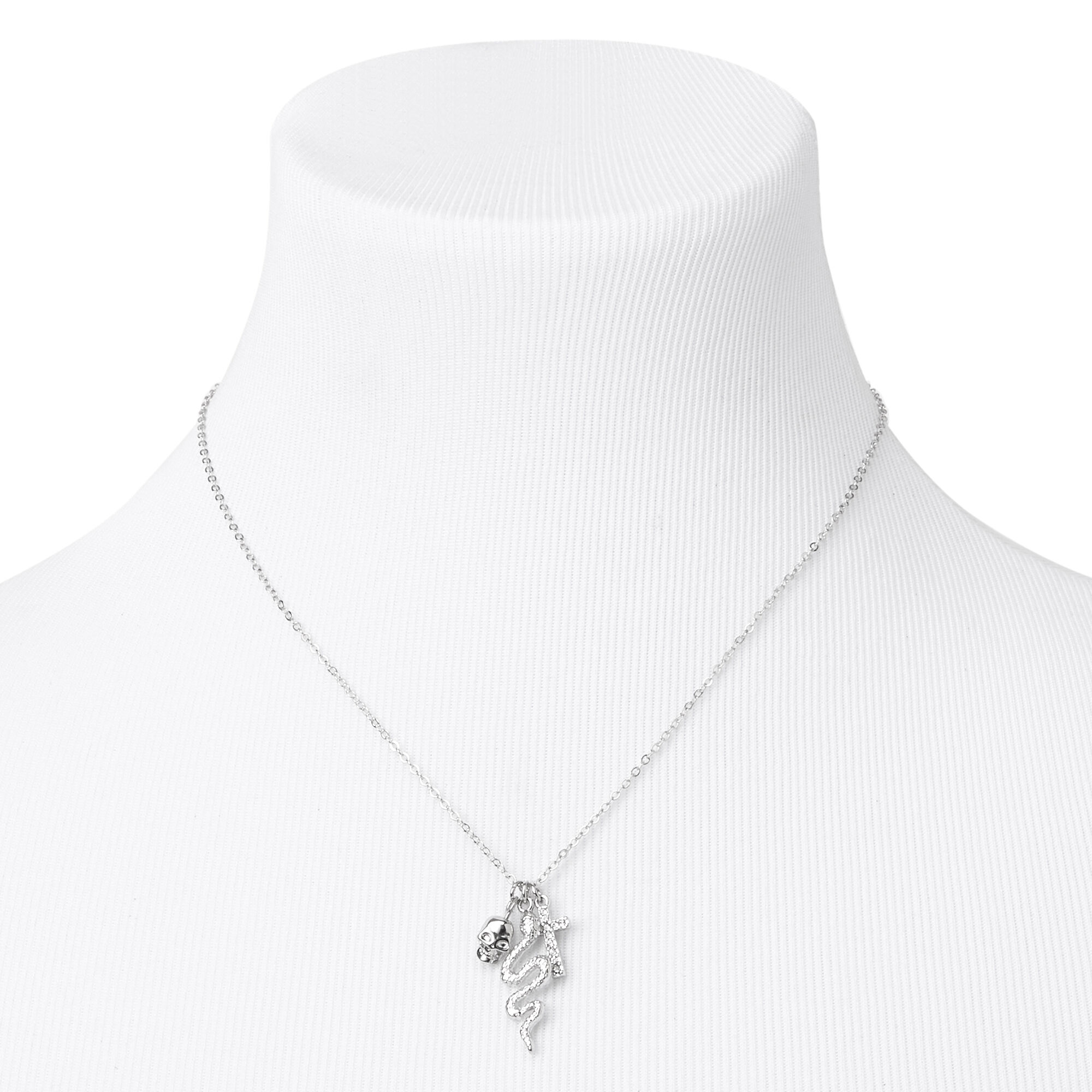 Silver Skull, Snake, & Cross Pendant Necklace,