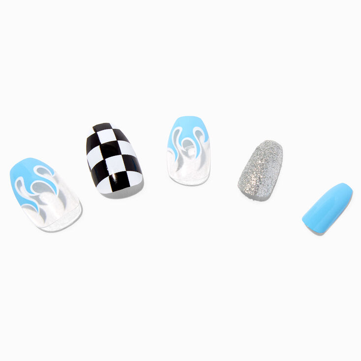 Faux ongles vegan ballerine flamme bleue &agrave; carreaux - Lot de 24,