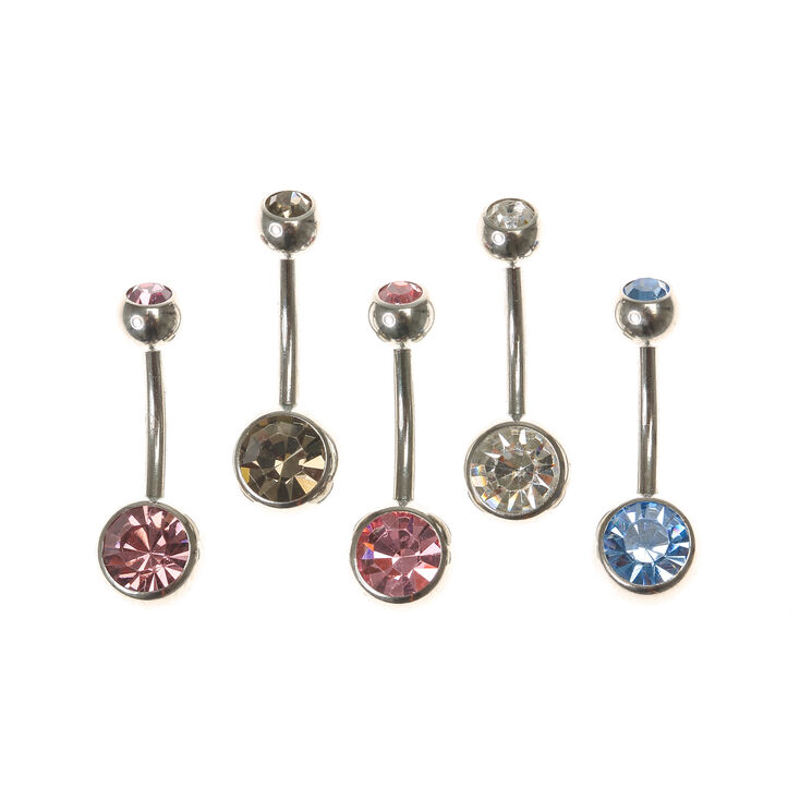 Silver-tone Pastel Stone Belly Rings - 5 Pack,
