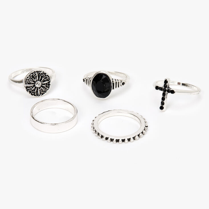 Silver Cross Stone Rings - Black, 5 Pack,