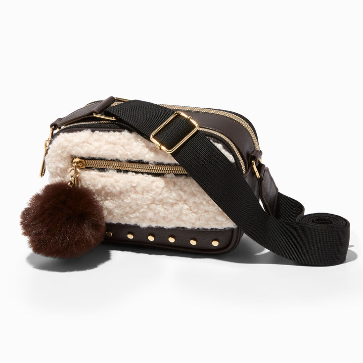 White Sherpa &amp; Brown Camera Style Crossbody Bag,