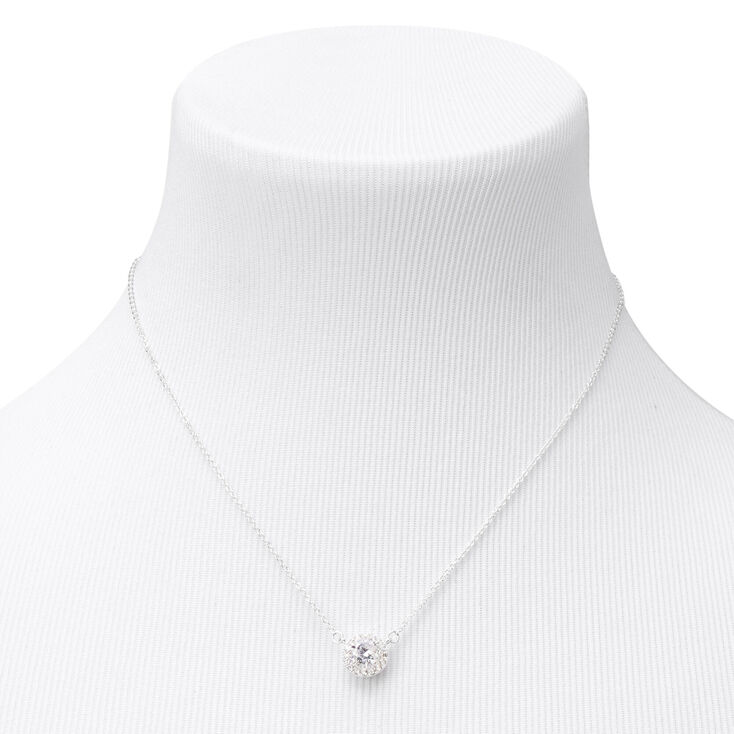 Silver-tone Cubic Zirconia Round Halo Pendant Necklace,