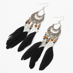 Silver-tone 5&quot; Burnished Medallion Feather Drop Earrings - Black,