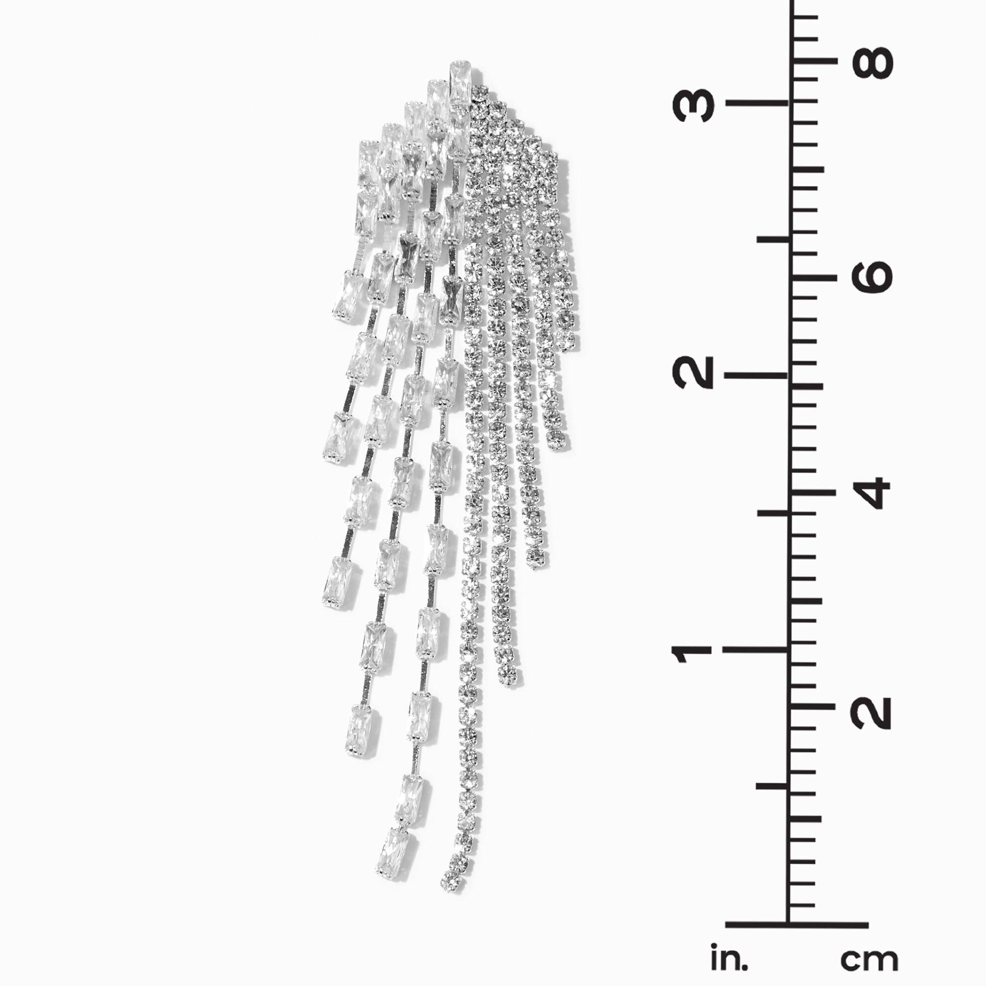 Silver Space Rhinestone Linear Fringe 3" Drop Earrings,