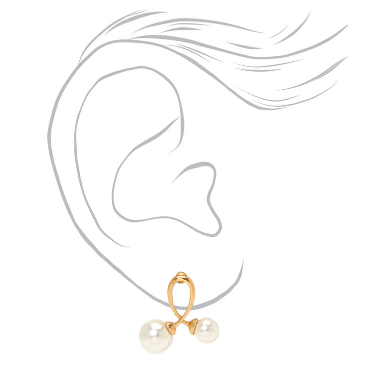 Clous d&#39;oreilles boucle et double perle d&#39;imitation couleur dor&eacute;e,