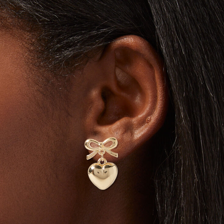 Gold-tone Bow &amp; Heart 0.5&quot; Drop Earrings ,