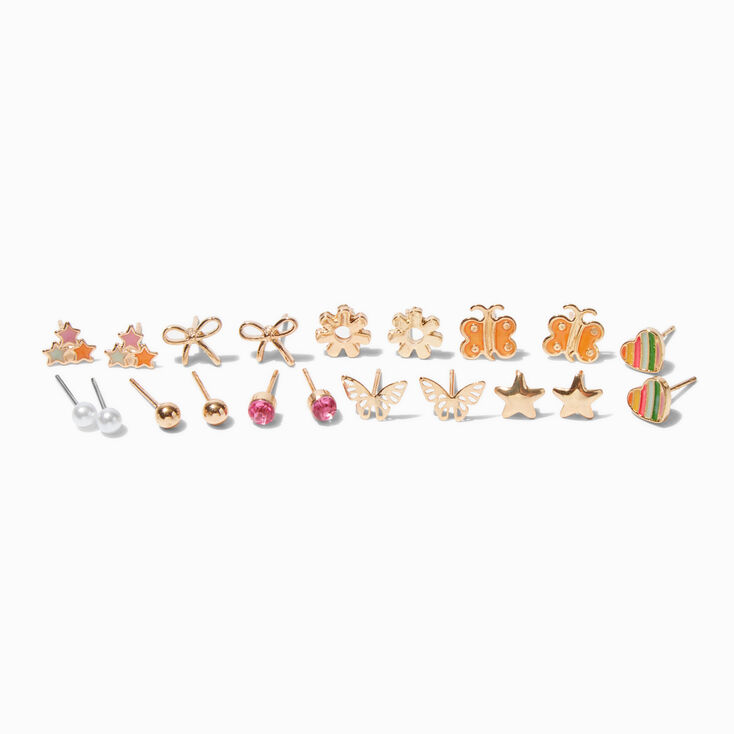 Gold-tone Mixed Butterfly Stud Earrings - 9 Pack,