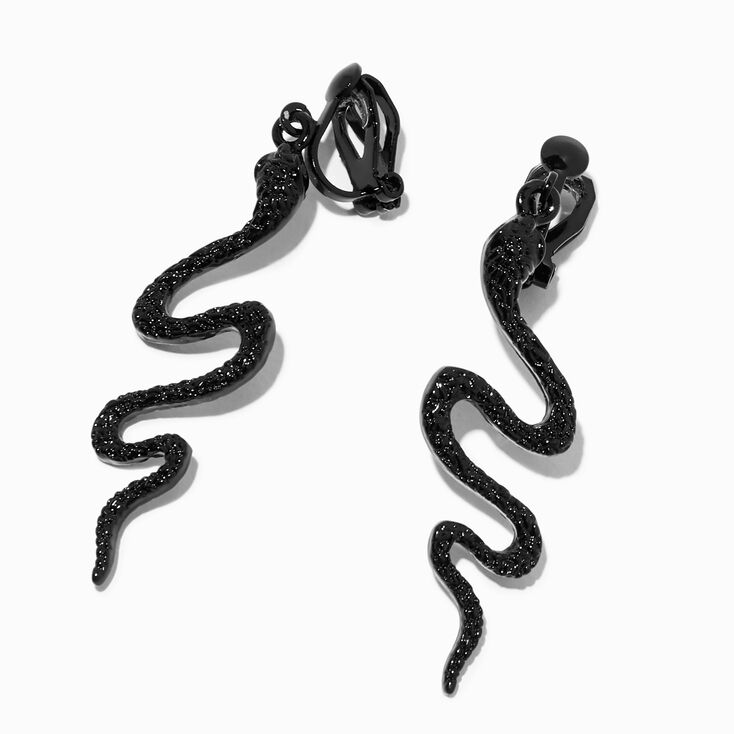 Black 2&quot; Embellished Snake Clip-On Drop Earrings,