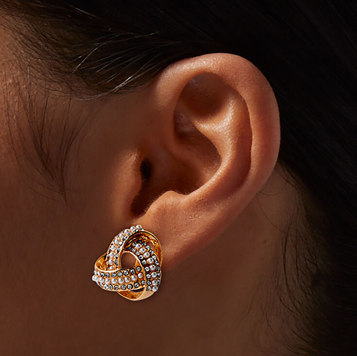 Clous d&#39;oreilles &agrave; clip n&oelig;ud nou&eacute; perle d&#39;imitation et strass couleur dor&eacute;e,