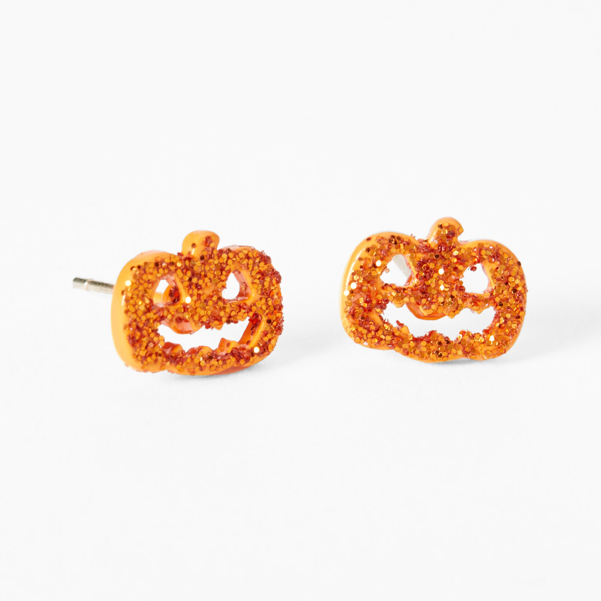 Sterling Silver Glitter Jack O'Lantern Stud Earrings,