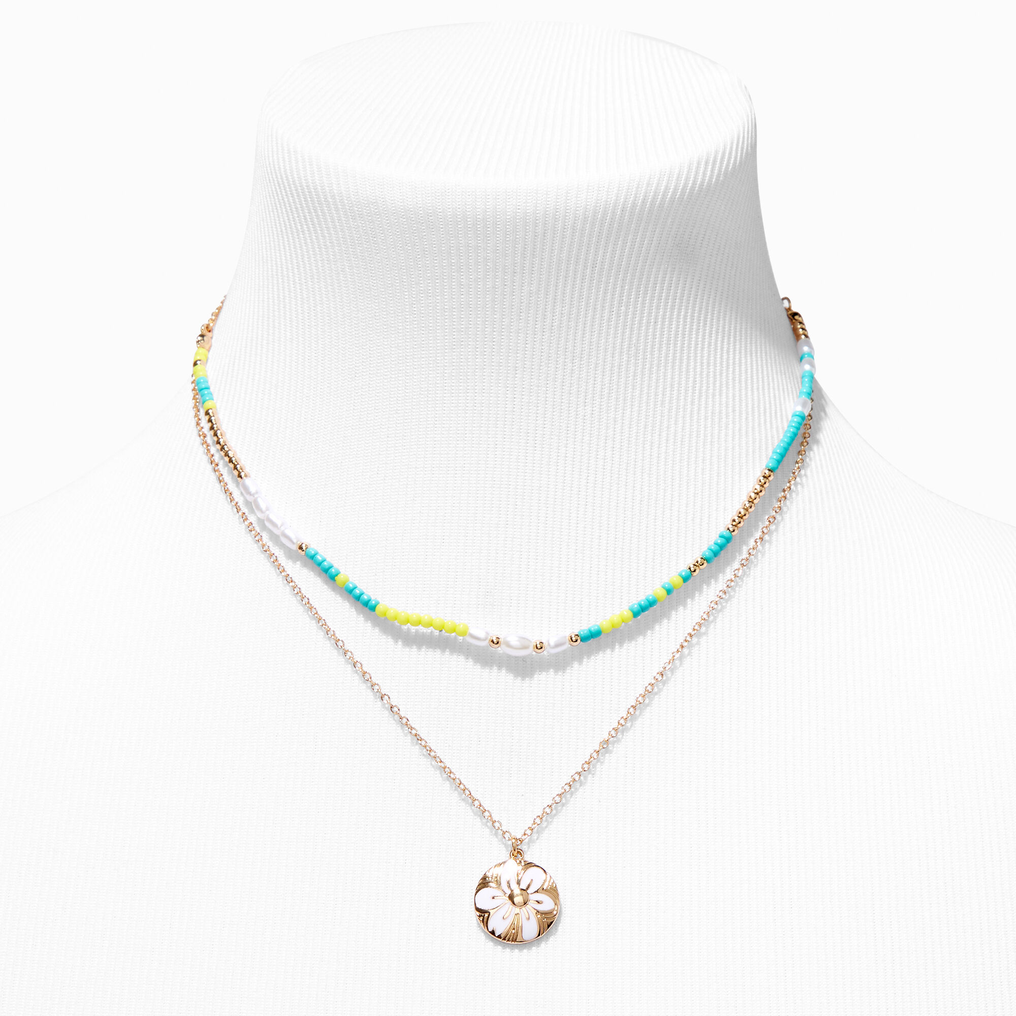 Gold Tropical Flower Multi Strand Necklace,