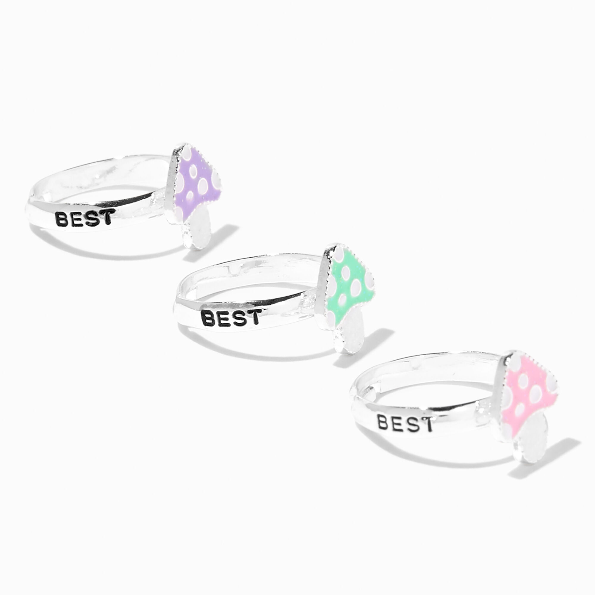 View Claires Best Friends Enamel Mushrooms Adjustable Rings 3 Pack Silver information