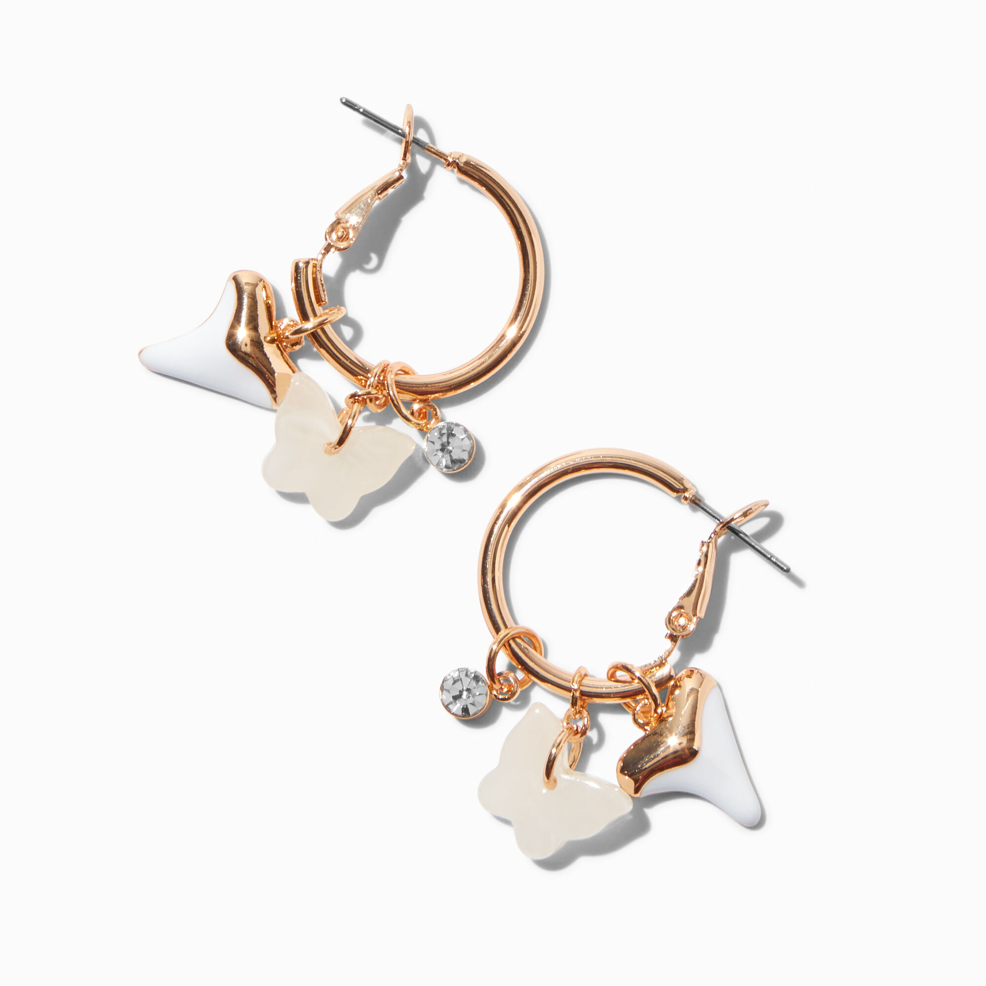 Gold tone Butterfly Faux Shark Tooth Hoop Earrings