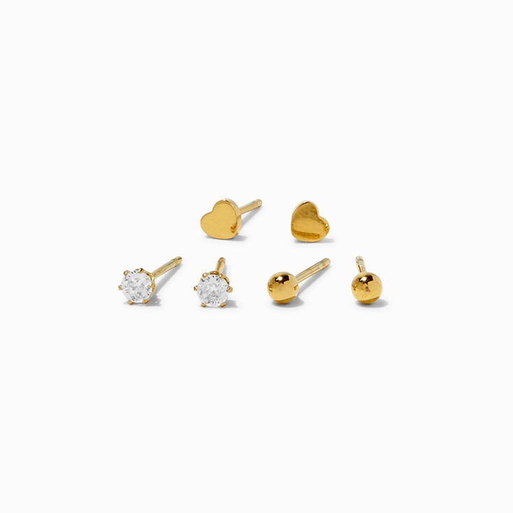 Gold-tone Stainless Steel Cubic Zirconia Heart Stud Earrings - 3 Pack ,