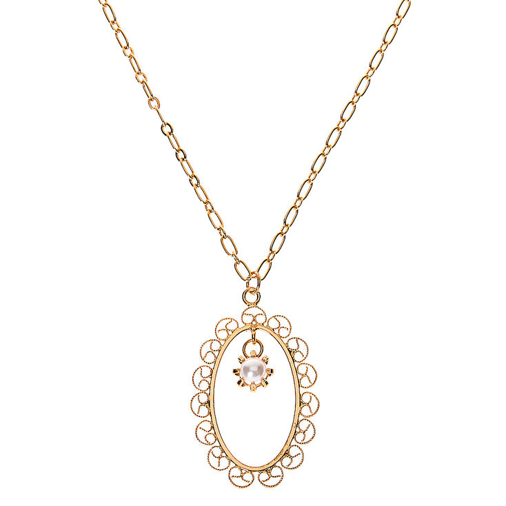 Gold Filigree Frame Long Pendant Necklace,